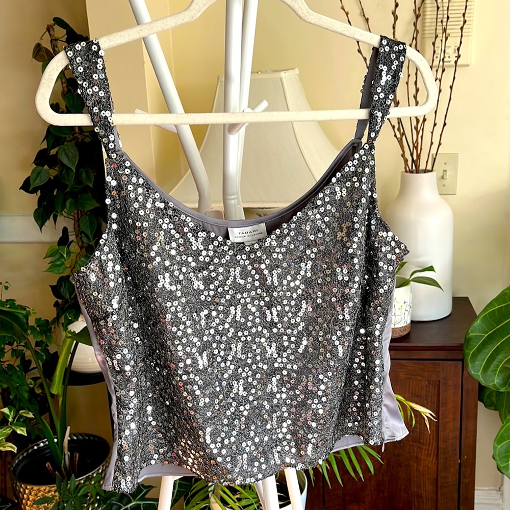 🩶🪩 Tahari Arthur S. Levine Silver Squin Sparkle Mesh Camisole Top-14-NWT